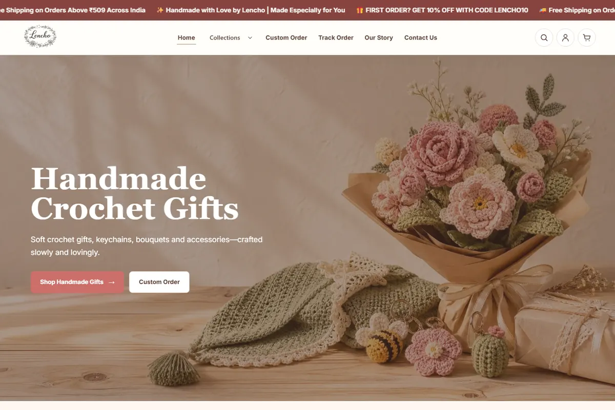 Lencho Shopify ecommerce storefront featuring handmade crochet gifts